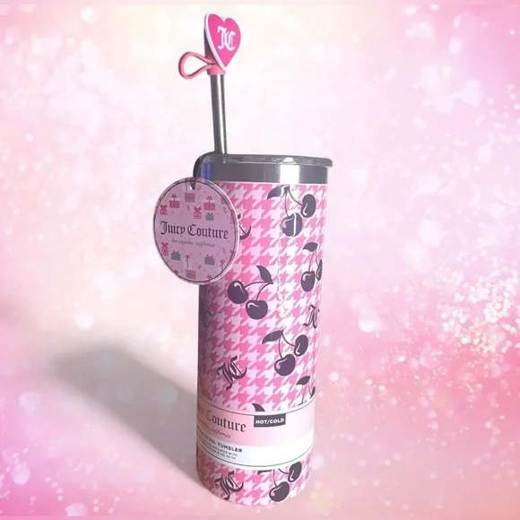 Juicy Couture 24z Tumbler Lid Straw Topper Pink Cherries Insulated Valentine NWT - Picture 2 of 2